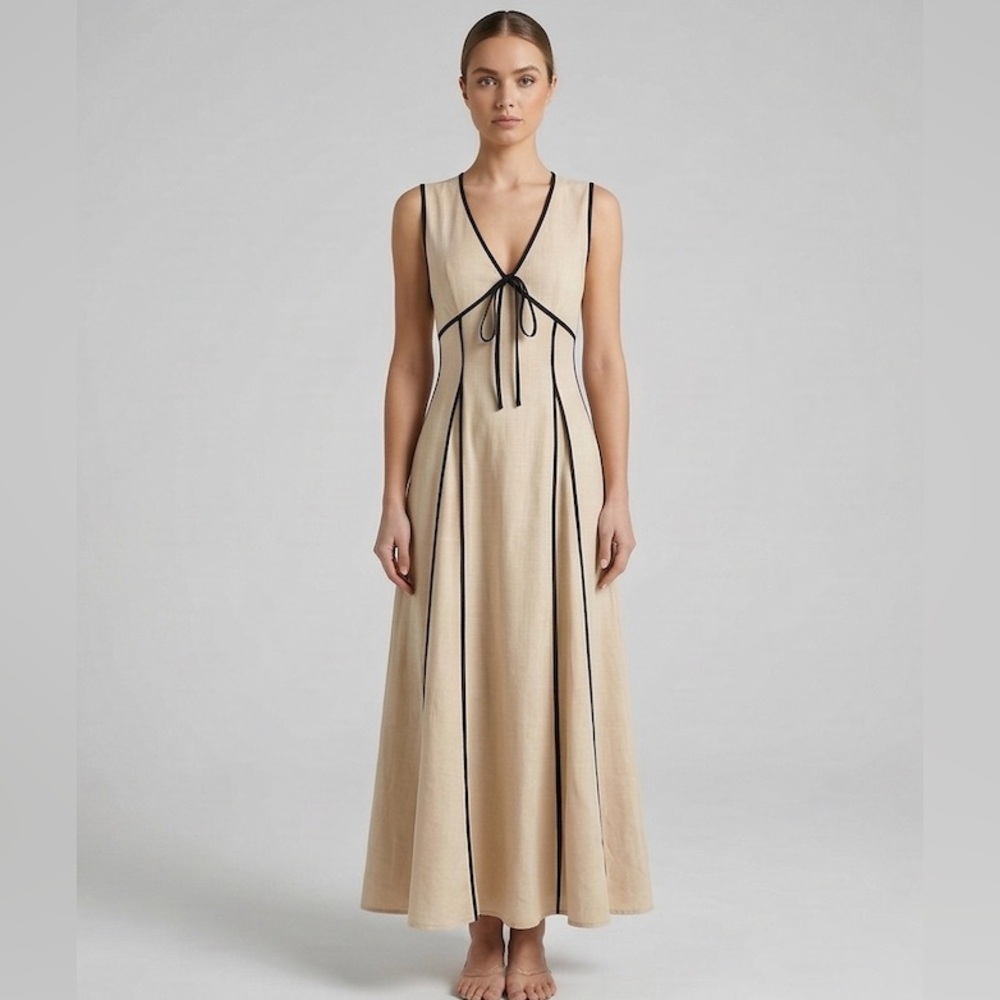 Contrast-Trimmed 100% Cotton Maxi Dress – Sand & Black